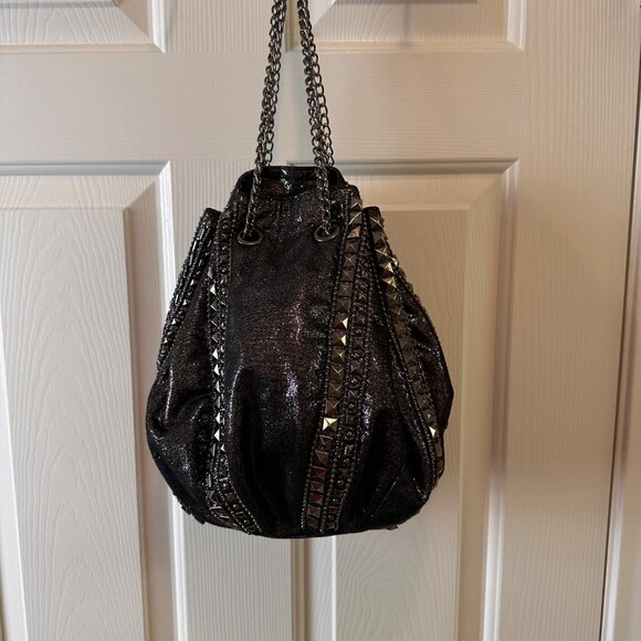 Imoshion 10"x 9" Studded Bucket Shoulder Chain Black Bag – Edgy Glam Rock Chic - Picture 6 of 13